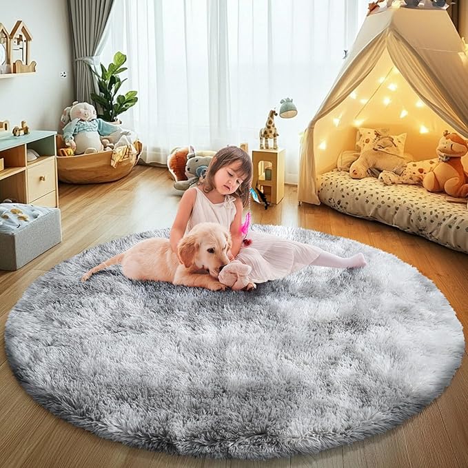 Tie-Dyed Fluffy Round Rug,Soft Area Rugs for Girls Room,Shaggy Rugs 3'X3' for Living Room,Non Slip Circle Rug for Kids Bedroom,Shag Plush Nursery Rug,Plush Carpet for Dorm,Furry Room Decor,Light Grey