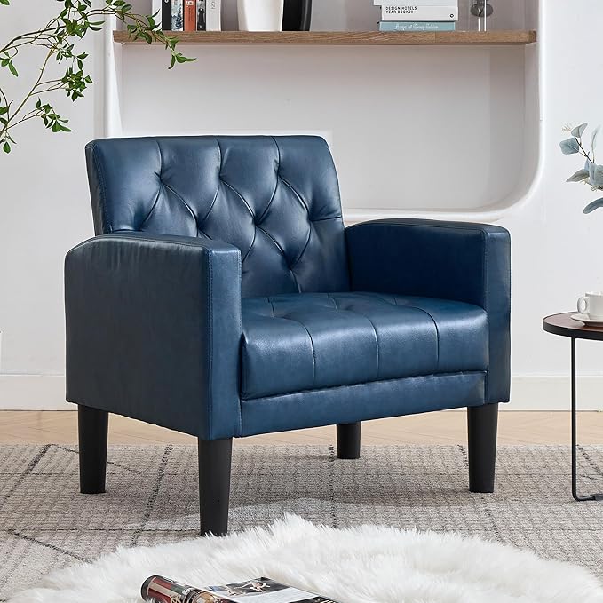 TYBOATLE Accent Chair Comfy Living Room Chair Leather Tufted Mid Century Modern Accent Chair, Small Cozy Reading Arm Chair for Office, Bedroom (1, Blue)