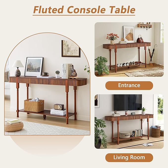 43.3” Console Table with 2 Drawers, Modern Entryway Table with Fluted Panel & Storage Shelf, Narrow Wood Behind Couch Sofa Table for Living Room, Foyer, Hallway(Walnut)