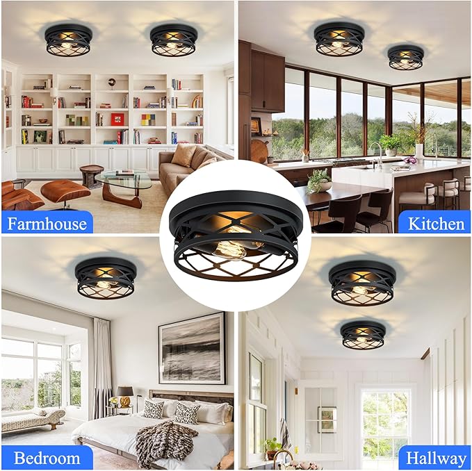 Flush Mount Ceiling Light Fixture for Hallway,2-Light Black Hallway Light Fixtures Ceiling,Light Fixtures Ceiling Mount for Kitchen,Farmhouse,Hall (2 Pack)