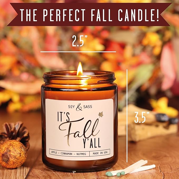Fall Candles - 'It's Fall Yall' Candle w/Apple Cinnamon & Nutmeg I Infused with Essential Oils I Autumn Scented Candles I Cozy Cute Décor Gifts I 9oz Jar I 50Hr Burn I Made in USA