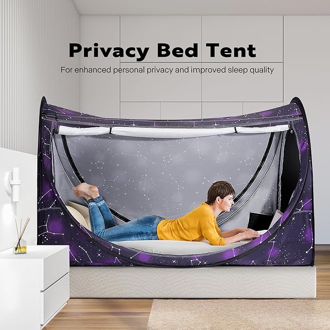 VIVOHOME Pop-Up Bed Tent Twin Size, Privacy Bed Canopy with 4 Doors and Mosquito Mesh, Breathable Sleeping Tent with Dark Starry Constellation Pattern for Kids and Adults