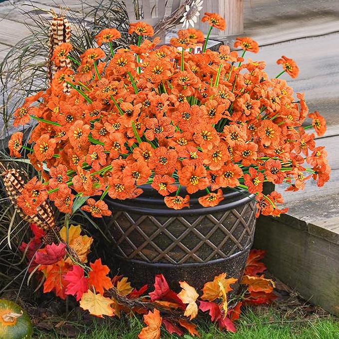 Krissing 48 Bundles Outdoor Artificial Flowers UV Resistant Fake Flowers Faux Plastic Flowers Plants Outside Garden Porch Window Box Fall Decor (Orange)