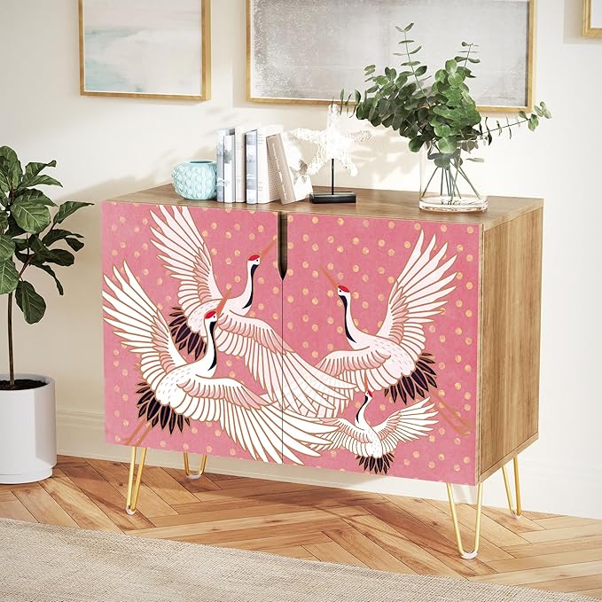SIGNWIN Sideboard Buffet Cabinet, Kitchen Storage Cabinet with 2 Doors, Colorful Chinese Crane Bird Pattern, Cupboard Console Table for Dining Room - 35" L x 18" W x 29" H