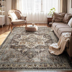 Brown Rugs for Living Room 8x10 Area Rug Soft Living Room Carpet-Rugs for Bedroom Machine Washable Rug Vintage Oriental Floral Dining Room Rug Non Slip