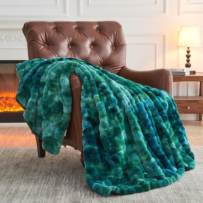 NEWCOSPLAY Faux Fur Throw Blanket Tie-dye Dark Teal Luxury Fluffy Thick Warm Bubble Blanket for Couch Sofa Bed 700GSM (Tie-dye Dark Teal, Throw(50"x60"))