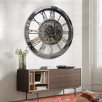 DORBOKER 36" Extra Large Wall Clock with Moving Gears, Oversized Giant Industrial Steampunk Rustic Clocks for Wall Decor Living Room Home Office, Solid Wood Retro Metal,Carbon Grey