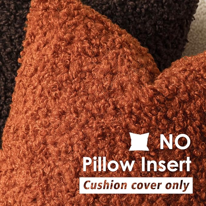 Foindtower Set of 2 Curly Teddy Wool Pillow Covers Decorative Boucle Textured Lumbar Throw Pillow Faux Fur Sherpa Pillowcases Sheepskin Fuzzy Cushion Case for Sofa Bedroom Car 12"x20" Burnt Orange
