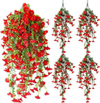 Artificial Hanging Flowers – 4 Pack UV Resistant Fake Morning Glory Vine Faux Plants for Porch, Patio, Balcony, Garden, Indoor & Outdoor Decor (Red)