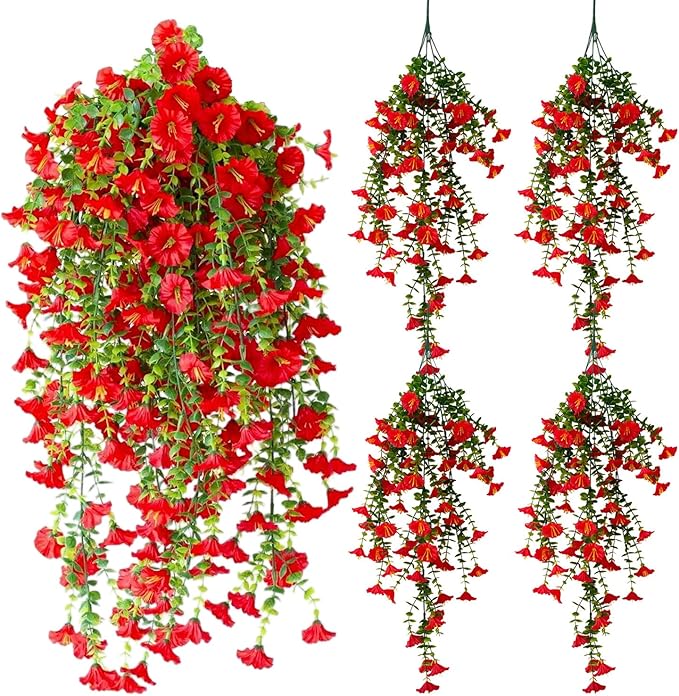 Artificial Hanging Flowers – 4 Pack UV Resistant Fake Morning Glory Vine Faux Plants for Porch, Patio, Balcony, Garden, Indoor & Outdoor Decor (Red)
