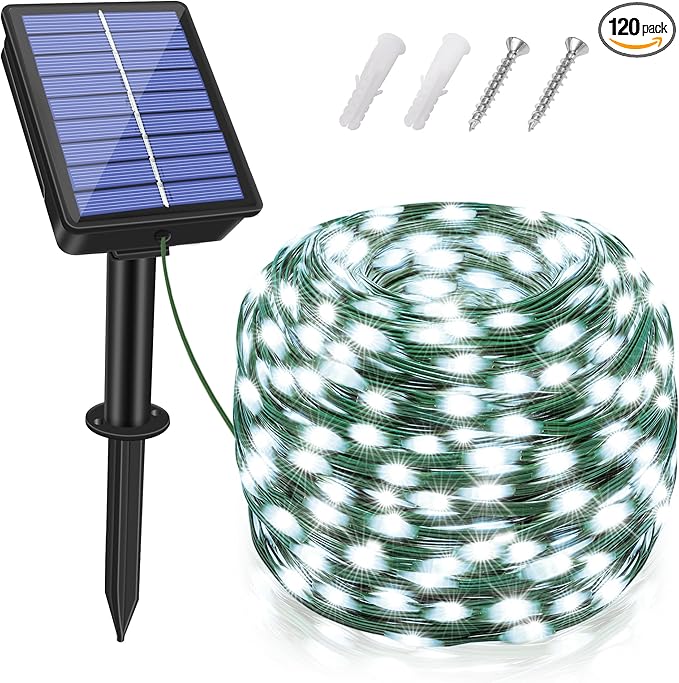 Solar String Lights 120LED 40FT, IP67 Waterproof Solar Lights for Outside with 8 Lighting Modes, Upgraded Solar Panel Fairy Lights for Garden Party Wedding Decorations (Cool White)