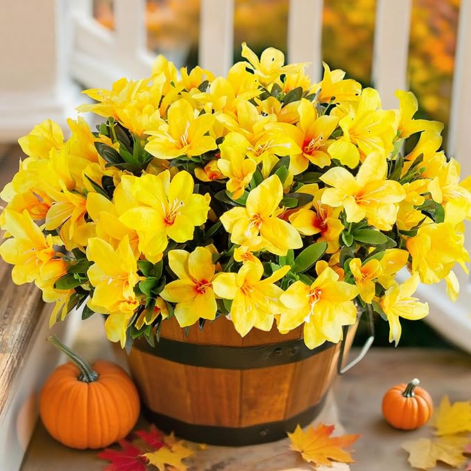 INSPRING Artificial Fall Flowers for Outdoors, 3 Bundles Fake Plants Silk Azalea Bouquet UV Resistant Realistic Faux Fall Flowers for Outdoor Planters Front Door Patio Garden Walkways Home, Yellow