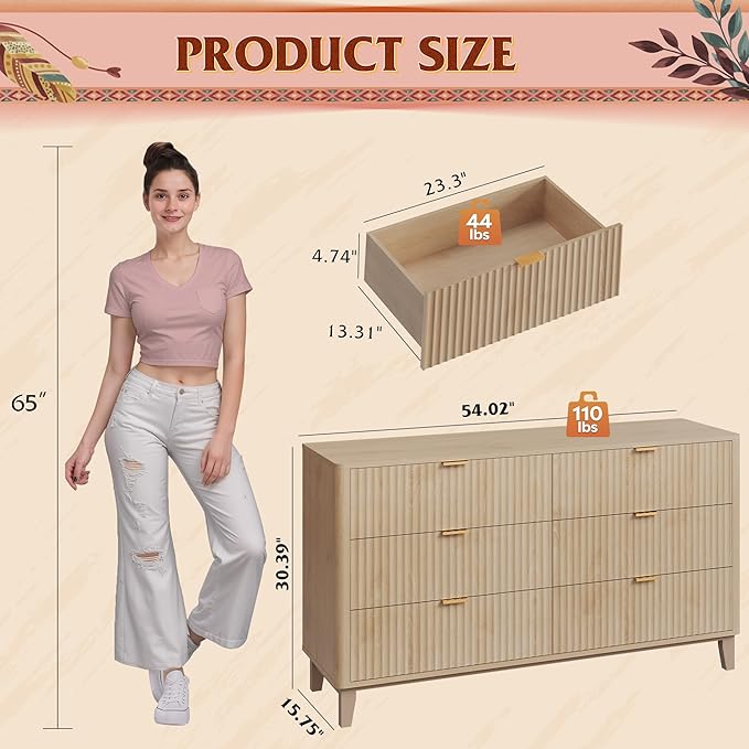 WLIVE Fluted Dresser for Bedroom with 6 Drawers, 54" Wide Wood Dresser with Metal Handles, TV Stand for 65 inch TV, Mid Century Modern Chest of Drawers for Living Room, Hallway, Closet, Natural Oak