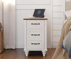 WAMPAT End Table with Charging Station, White Side Table with Storage Cabinet and Drawer, Wood Nightstand with Power Outlets & USB Ports for Bedroom, Living Room