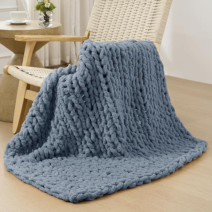 Bigacogo Chunky Knit Throw Blanket for Couch, 40x40 inches, 100% Hand Knitted with Thick Jumbo Chenille Yarn, Cozy Soft Large Rope Knot Cable Crochet Blankets for Sofa Bed Living Room, Cold Sea Blue