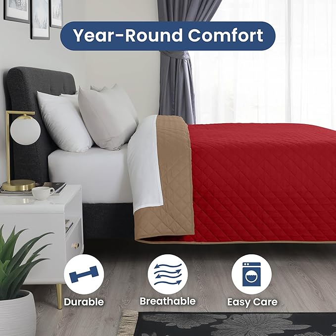 Martex Reversible Coverlet – Full Queen Size Quilt - Lightweight Full Size Bedding– Durable Queen Size Quilts for Bed – Soft - Easy Care Bedding – Khaki/Red