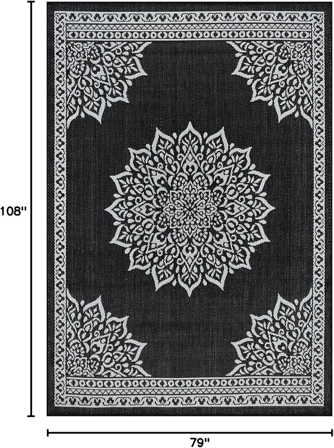 CAMILSON Outdoor Rug, 6x9 Medallion Black White Modern Area Rugs for Indoor and Outdoor Patios, Kitchen and Hallway Mats, Washable Porch Deck Outside Carpet (Medallion Black, 6 x 9)