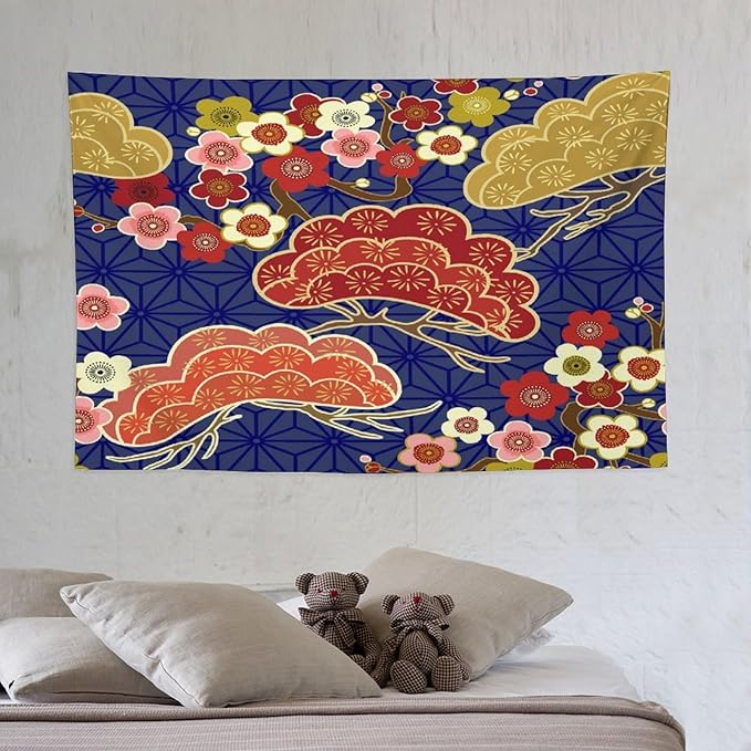 HZOHNAGO Japanese Tapestry Art Abstract Colorful Cherry Blossom Blue Background Pattern Printed Wall Tapestry Painting Wall Hanging for Bedroom Living Room Dorm 60" W x 40" H