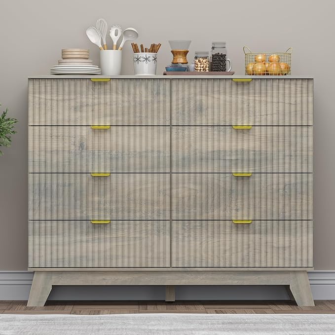 Fluted 8 Drawer Tall Dresser, 47.2" Wide Modern Boho Chest of Drawers, Wooden Storage Dresser TV Stand for Bedroom, Living Room, Closet, Hallway, Curved Profile Design