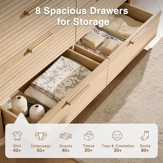 Okvnbjk Fluted 8 Drawer Dresser, 52" Wide Modern Wood Dresser for Bedroom, Chest of Drawers with Curved Profile Design, TV Stand & Storage Organizer for Living Room, Hallway