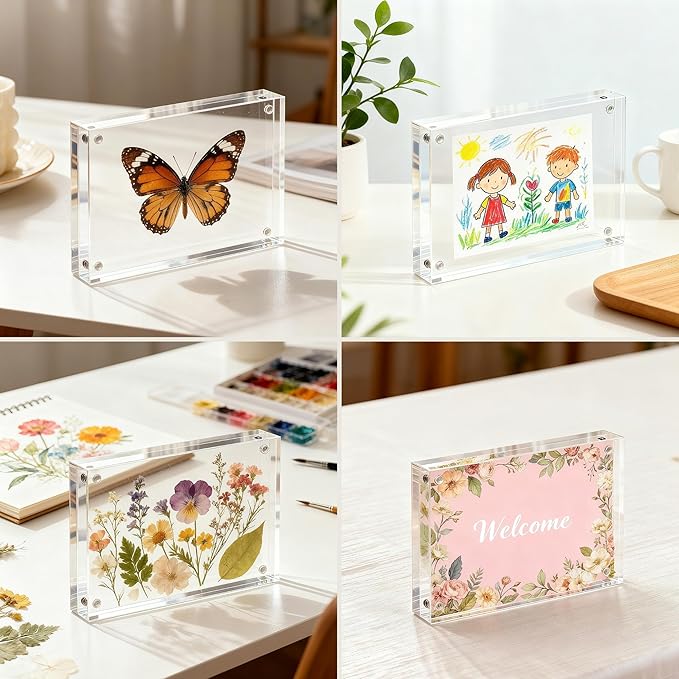 CATIFLIN 5x7 Magnetic Acrylic Frames 2 Pack, Double Sided Clear Frameless Picture Frame Blocks, 20mm Thick Photo Frames Free Standing Display for Family Photos, Certificates, Office, Artwork