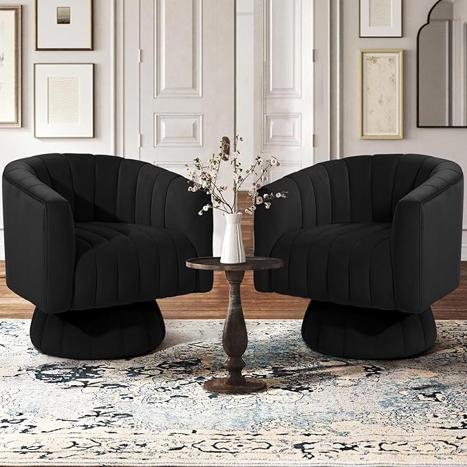 Kromax Swivel Accent Chair with Armrest, Set of 2, Mid Century 360 Degree Swivel Barrel Chair Overstuffed Tufted Velvet, Ideal for Living Room, Bedroom, Reading Room, Black