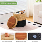 Wimarsbon Storage Pouf Ottoman, Hand Weaving Natural Straw Foot Stool, Bohemian Round Patio Ottomans, Rustic Lounge Pouffe, Outdoor Extra Seat for Garden (14inch Cattail+Black Corn Husk L)