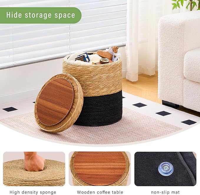 Wimarsbon Storage Pouf Ottoman, Hand Weaving Natural Straw Foot Stool, Bohemian Round Patio Ottomans, Rustic Lounge Pouffe, Outdoor Extra Seat for Garden (14inch Cattail+Black Corn Husk L)