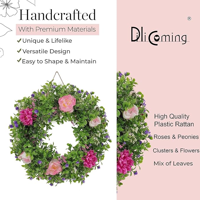 Summer Wreaths for Front Door - 18 Inch Artificial Greenery Wreath, Spring Floral Door Hanging with Textured Leaves, All-Weather Porch Decor for Farmhouse Entryway