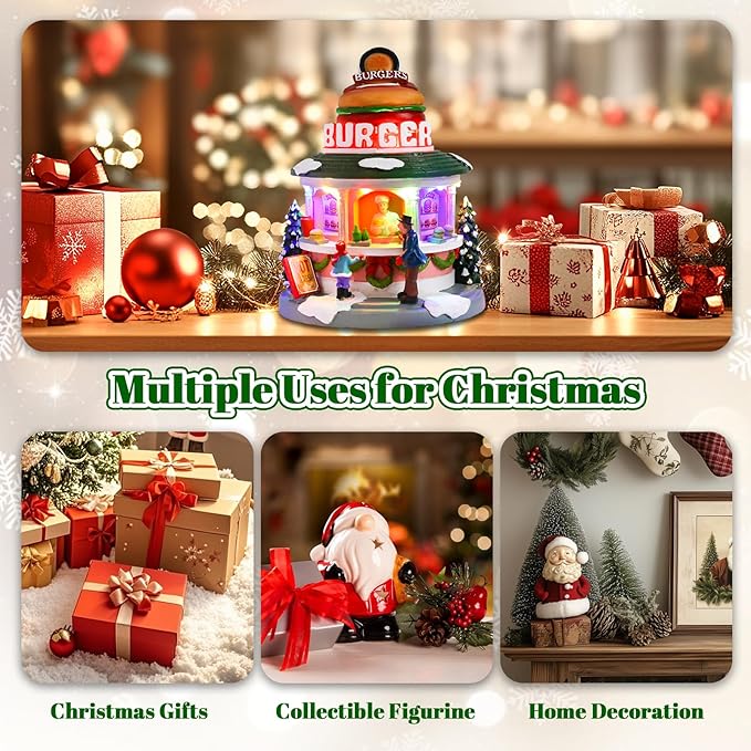 Vigdur Christmas Village Houses - Animated Hamburger Shop with LED Lighted and 8 Xmas Songs, Christmas Animation Village Indoor Holiday Tabletop Decorations for Home Tabletop Gift
