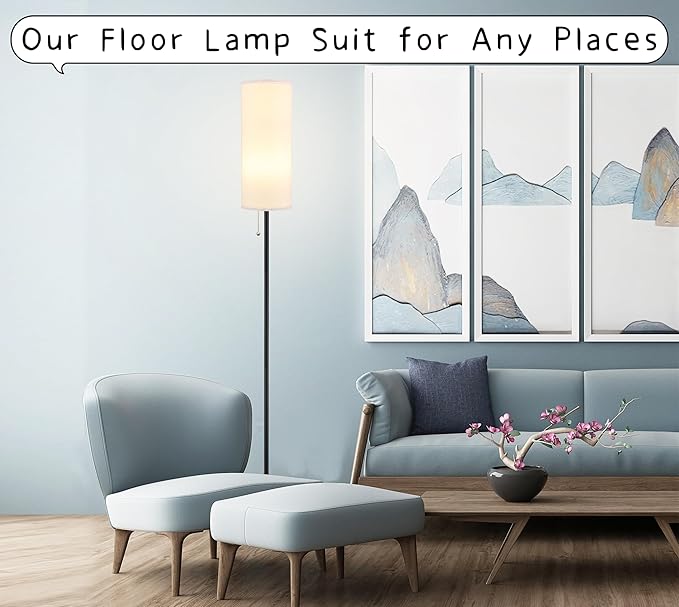 Floor Lamp for Living Room, Modern Standing Lamps with Lampshade, Minimalist Tall Lamp with Chain Switch for Living Room, Bedroom, Kids Room, Office,Standing Lamp LED Bulb Included (White Shade)