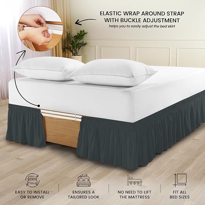 Utopia Bedding Full Elastic Bed Ruffle - Easy Wrap Around Ruffle - Microfiber Bed Skirt with Adjustable Elastic Belt 16 Inch Tailored Drop - Hotel Quality Bedskirt, Fade Resistant (Full, Grey)