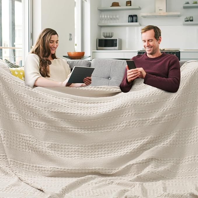 PHF 100% Cotton Waffle Blanket Oversized King 120"x120", Lightweight Breathable Extra Large 10'x10' Summer Blankets for Bed, Giant Big Luxury Aesthetic Woven Bedding for Home Decor, Oatmeal