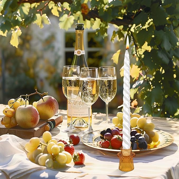 Candlestick Holders Set of 6, Ribbed Glass Taper Candle Holders, Reversible Amber Tealight & Candle Stick Candle Holder Vintage Crystal Tapered Candlestick for Wedding Dinner Party Festival