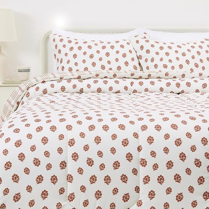 Amazon Basics Lightweight Microfiber Comforter Sets, 3-Pieces, Off White, Floral, Full/Queen