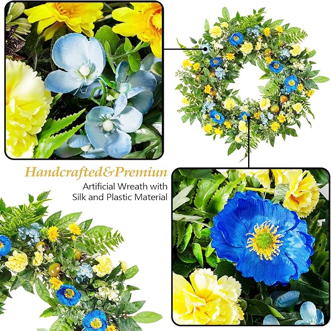 WANNA-CUL 24 Inch Spring Summer Carnation Wreaths for Front Door, Spring Front Door Wreath with Blue &Yellow Flowers Door Wreath with Pomegranates,Daisy for Wedding