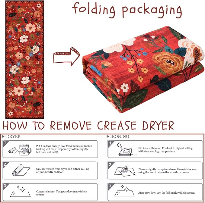 Runner Rug for Hallways Kitchen Rug Non Slip 2'6''x8' Washable Runner Rugs with Rubber Backing Soft Floral Carpet Runner for Hallways, Kitchen, Laundry, Bedroom, Bathroom(Red)