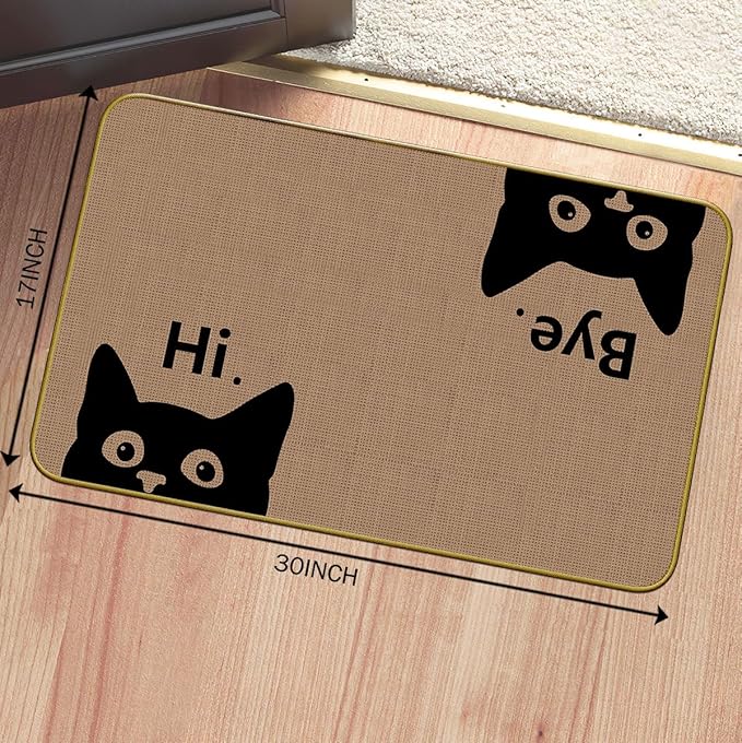 Mingnei Hi Bye Cat Welcome Doormat - Door Mat for Home Kitchen Entrance, Funny Black Cat Lover Floor Mat for Indoor/Outdoor Entryway Rug, 30x17 (Brown)