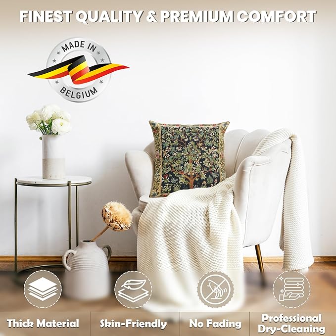 Charlotte Home Furnishings Throw Pillow Covers, Decorative Boho Pillow Covers for Couch, Living Room, Blue Tree Square Cushion Cases 18x18 in, European Cotton Jacquard Woven for Cozy Bedroom Decor