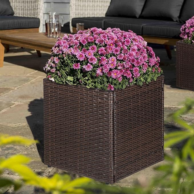 SUNNYPARK Set of 2 Large Square Planter with Removable Liner, All-Weather PE Rattan Modern Planters Indoor Outdoor Flower Plant Pots Garden Box Patio Yard Front Porch Deck