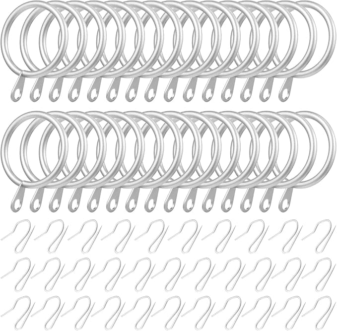 Hotop 30 Pcs Metal Drapery Curtain Rings 0.98/1.26/1.65 inch Interior Diameter and 30 Pcs Hanging Curtain Drapery Pin Hooks for Window Door Shower(32 mm,Matte Silver)