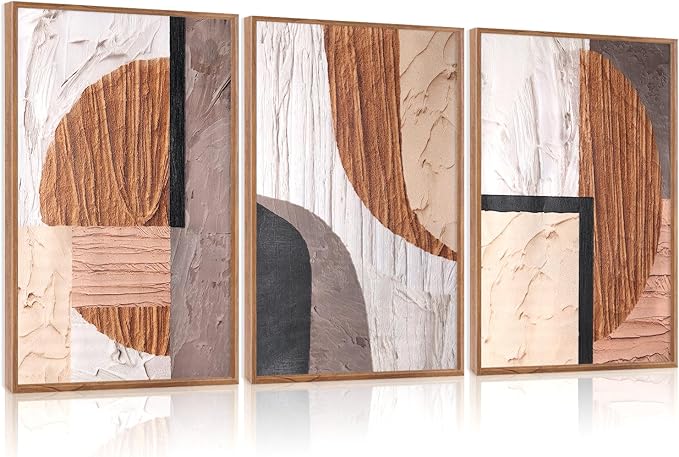 Aurlan Neutral Abstract Oval Rectangular Framed Wall Art(16"x24"), 3 PCS Minimalist Black Beige Brown Gray 3D Textured Canvas Artwork, Large Modern Geometric Illustration Art Wall Decor for Office Living Room Bedroom