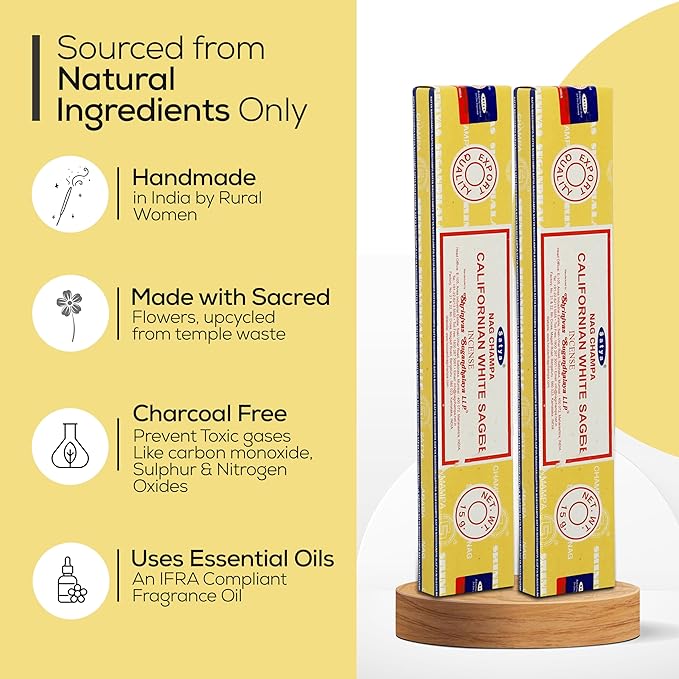 Satya Californian White Sage Incense Sticks 180 gm (15GM X 12 Pack) from Satya Mumbai and Raajsee Incense Sticks Holder Bundle, Free from Chemicals,Natural Insenses