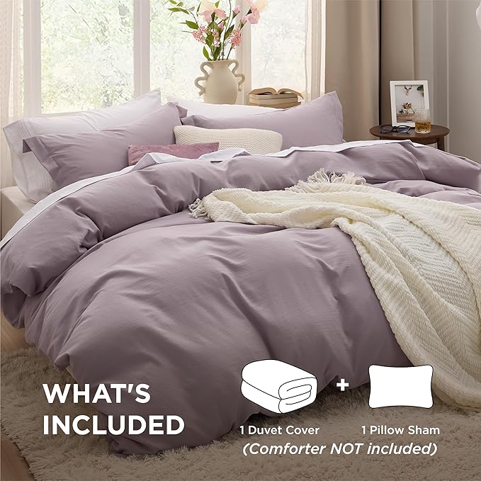 Bedsure Dusty Purple Duvet Cover Twin/Twin XL Size - 2 Pieces Prewashed Cotton-Like Extra Soft Bedding Set, Includes 1 Twin Duvet Cover 68x90 Inches with Zipper Closure & 1 Pillow Sham, No Comforter