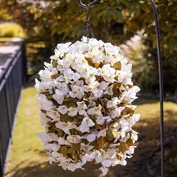 Bougainvillea Artificial Fall Flowers Fake Plants for Outdoors Autumn Decoration, 3PCS Faux Silk Hanging Trailing Vines with Baskets UV Resistant Realistic for Front Door Patio Balcony, Fall White