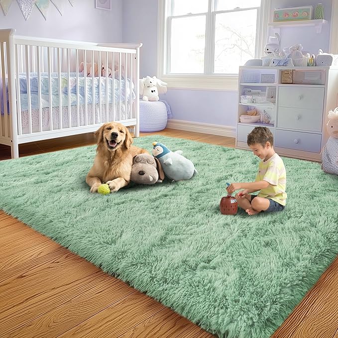 6x9 Fluffy Fuzzy Area Rug for Living Room Bedroom, Ultra Soft Large Living Room Rugs, Non Slip Thick Shag Rug for Dorm, Kids Girls Boys Rug for Home Decor Aesthetic, Sage Green
