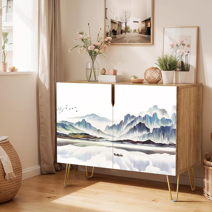 SIGNWIN Sideboard Buffet Cabinet, Kitchen Storage Cabinet with 2 Doors, Pastel Blue Mountain Range, Cupboard Console Table for Dining Room - 35" L x 18" W x 29" H