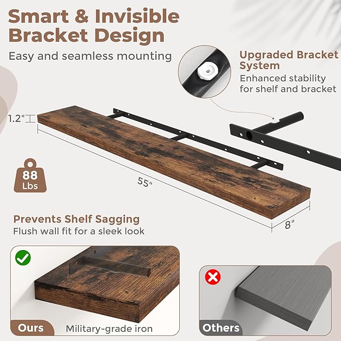 55 Inch Floating Shelves for Wall Set of 2, 8"D Wood Grain Bathroom Shelves with Invisible Brackets, Easy Install Engineered Wood Storage Shelves for Kitchen, Living Room, Bedroom, Rustic Brown Finish