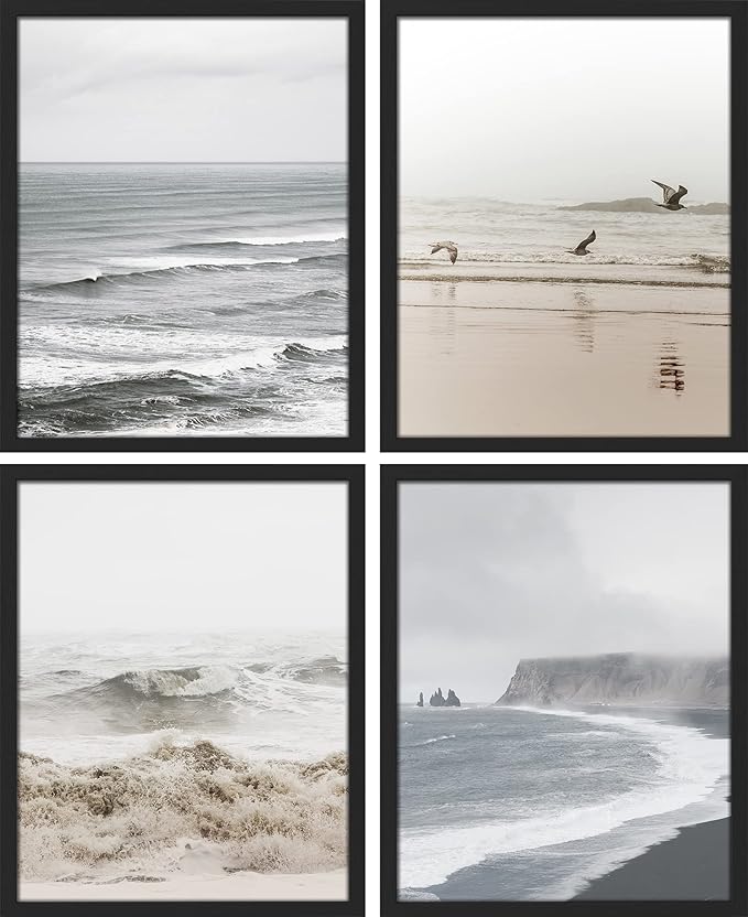 SIGNWIN Framed White Minimal Ocean Beach Seashore Coastals Wall Art, Set of 4 Landscape Colorful Wall Decor Prints, Nature Wilderness Wall Décor for Living Room, Bedroom - 11"x14" Black