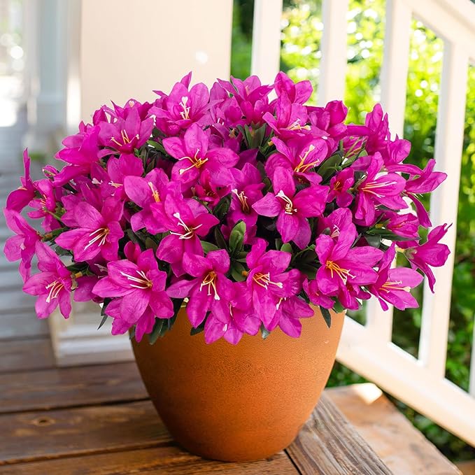 Artificial Flowers for Outdoors, 3 Bundles Fake Silk Azalea Bouquet Faux Flower Plants Outside Decoration UV Resistant Realistic Fake Flowers for Planter Front Door Patio Garden Walkways Home, Fuchsia
